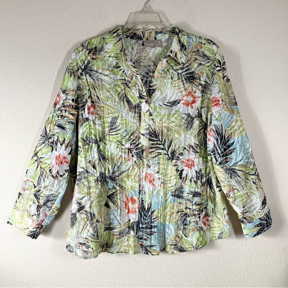 CHICO'S Tropical Floral Blouse XL Sheer Popover Top Resort Vacation Cruise Luau
